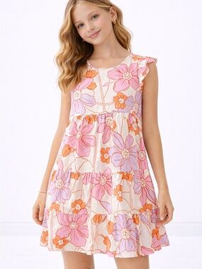 J.Marie Girls Floral Tiered Ruffle Dress Pink Orange Size 14 NWT